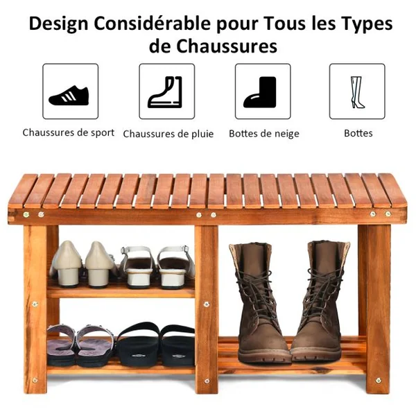 Meuble à Chaussures en Bois d'Acacia Étagère Banc à Chaussures 3 Niveaux Conception à Lattes Charge 160KG 87x28x45CM