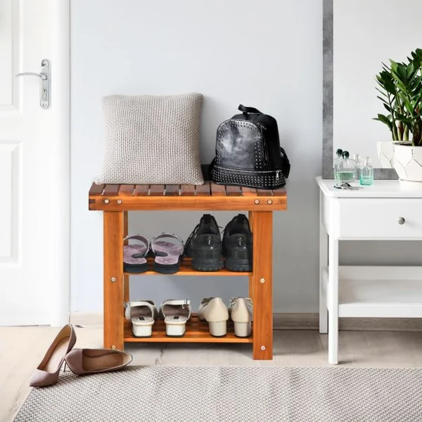Meuble à Chaussures en Bois d'Acacia Étagère Banc à Chaussures 3 Niveaux Conception à Lattes Entrée Couloir Salon