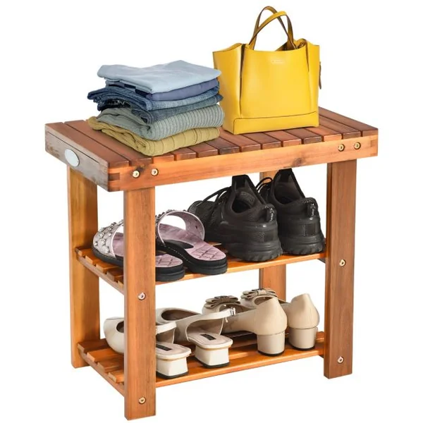 Meuble à Chaussures en Bois d'Acacia Étagère Banc à Chaussures 3 Niveaux Conception à Lattes Entrée Couloir Salon