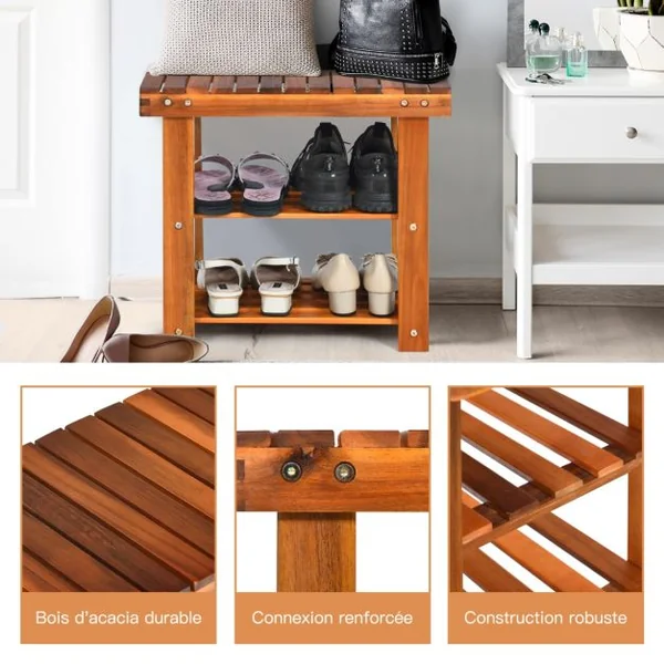 Meuble à Chaussures en Bois d'Acacia Étagère Banc à Chaussures 3 Niveaux Conception à Lattes Entrée Couloir Salon
