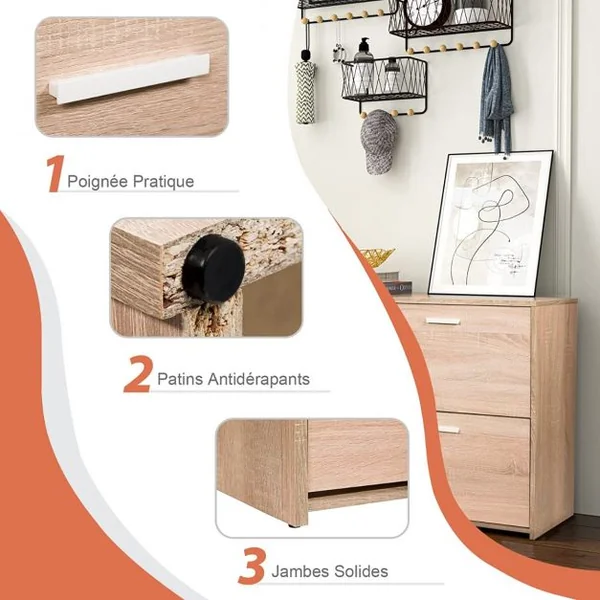 Meuble à Chaussures Entrée Meuble à Chaussures en Bois avec 4 Portes Rabattables et 4 Compartiments à 2 Niveaux Design Étroit Chêne