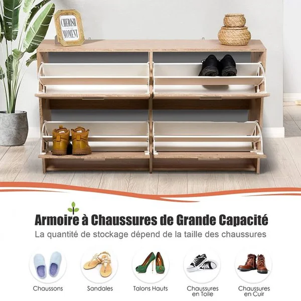 Meuble à Chaussures Entrée Meuble à Chaussures en Bois avec 4 Portes Rabattables et 4 Compartiments à 2 Niveaux Design Étroit Chêne