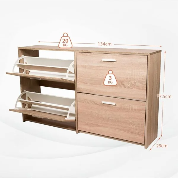 Meuble à Chaussures Entrée Meuble à Chaussures en Bois avec 4 Portes Rabattables et 4 Compartiments à 2 Niveaux Design Étroit Chêne