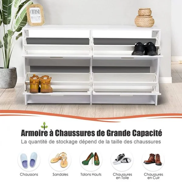 Meuble à Chaussures Entrée Meuble à Chaussures en Bois avec 4 Portes Rabattables et 4 Compartiments à 2 Niveaux Design Étroit
