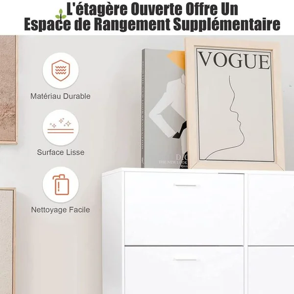 Meuble à Chaussures Entrée Meuble à Chaussures en Bois avec 4 Portes Rabattables et 4 Compartiments à 2 Niveaux Design Étroit