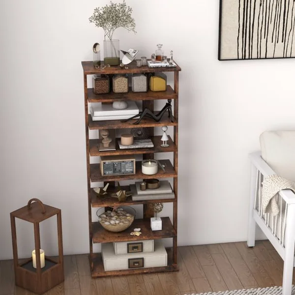 Meuble à Chaussures à 7 Niveaux avec Étagère Amovible Porte-Chaussures à Double Rangée avec Dispositif Anti-dumping Blanc/Café/Gris/Noir