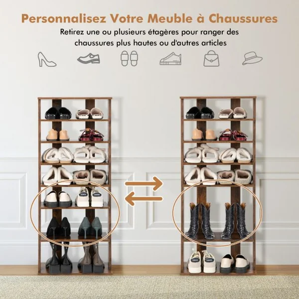 Meuble à Chaussures à 7 Niveaux avec Étagère Amovible Porte-Chaussures à Double Rangée avec Dispositif Anti-dumping Blanc/Café/Gris/Noir