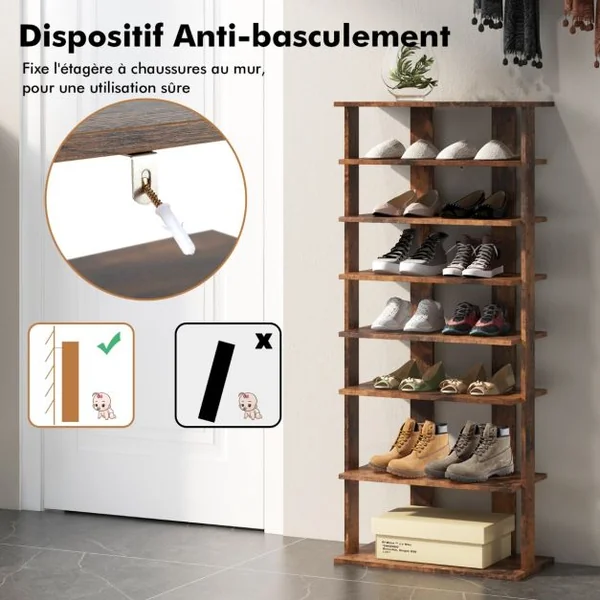 Meuble à Chaussures à 7 Niveaux avec Étagère Amovible Porte-Chaussures à Double Rangée avec Dispositif Anti-dumping Blanc/Café/Gris/Noir