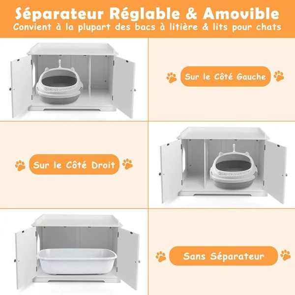 Meuble à Litière pour Chat avec Support de Rangement Grand Espace Caché pour Chat avec Séparateur Amovible Entrées Latérales