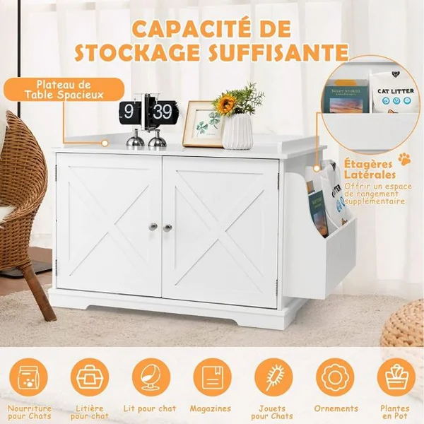 Meuble à Litière pour Chat avec Support de Rangement Grand Espace Caché pour Chat avec Séparateur Amovible Entrées Latérales
