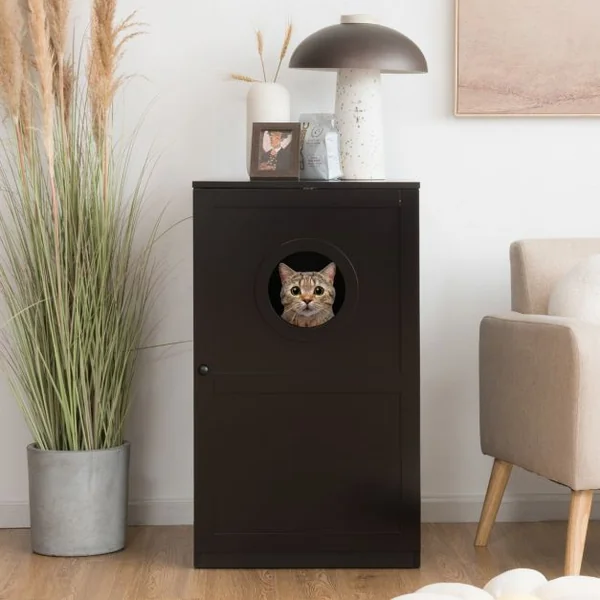 Meuble à Litière à 2 Niveaux 60 x 53 x 90 CM Maison de Toilette pour Chat avec Plusieurs Évents et Trou d'Entrée Café