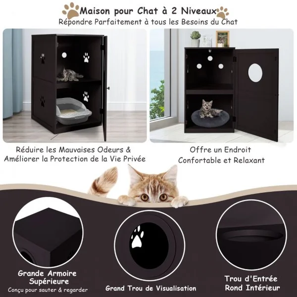 Meuble à Litière à 2 Niveaux 60 x 53 x 90 CM Maison de Toilette pour Chat avec Plusieurs Évents et Trou d'Entrée Café