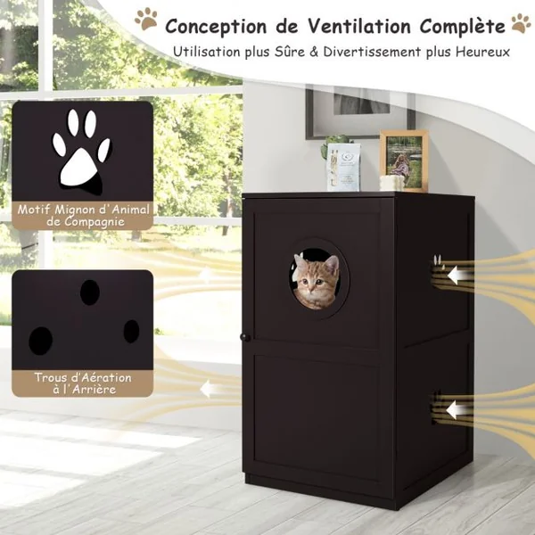 Meuble à Litière à 2 Niveaux 60 x 53 x 90 CM Maison de Toilette pour Chat avec Plusieurs Évents et Trou d'Entrée Café