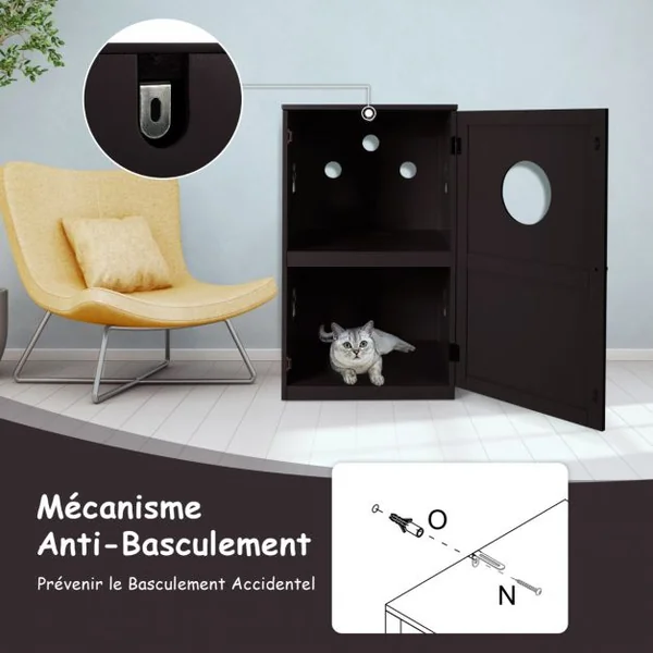 Meuble à Litière à 2 Niveaux 60 x 53 x 90 CM Maison de Toilette pour Chat avec Plusieurs Évents et Trou d'Entrée Café