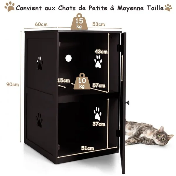 Meuble à Litière à 2 Niveaux 60 x 53 x 90 CM Maison de Toilette pour Chat avec Plusieurs Évents et Trou d'Entrée Café