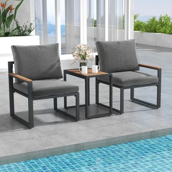 Meubles 3 Pièces de Patio Cadre en Aluminium Résistant aux Intempéries Salon de Jardin 2 Fauteuils avec Coussins Moelleux Gris