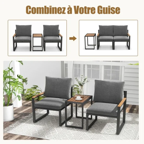 Meubles 3 Pièces de Patio Cadre en Aluminium Résistant aux Intempéries Salon de Jardin 2 Fauteuils avec Coussins Moelleux Gris