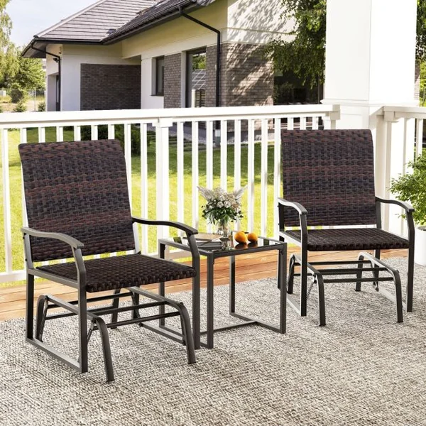Meubles 3 Pièces de Patio Coulissants Charge 180KG Salon de Jardin 2 Fauteuils en Rotin avec Mousse à Séchage Rapide en Verre Trempé Marron