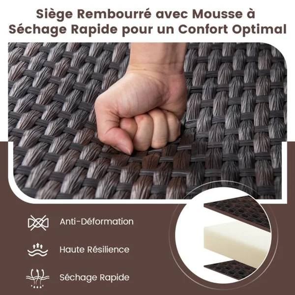 Meubles 3 Pièces de Patio Coulissants Charge 180KG Salon de Jardin 2 Fauteuils en Rotin avec Mousse à Séchage Rapide en Verre Trempé Marron