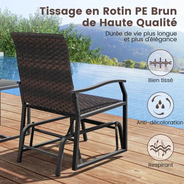 Meubles 3 Pièces de Patio Coulissants Charge 180KG Salon de Jardin 2 Fauteuils en Rotin avec Mousse à Séchage Rapide en Verre Trempé Marron