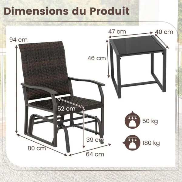 Meubles 3 Pièces de Patio Coulissants Charge 180KG Salon de Jardin 2 Fauteuils en Rotin avec Mousse à Séchage Rapide en Verre Trempé Marron