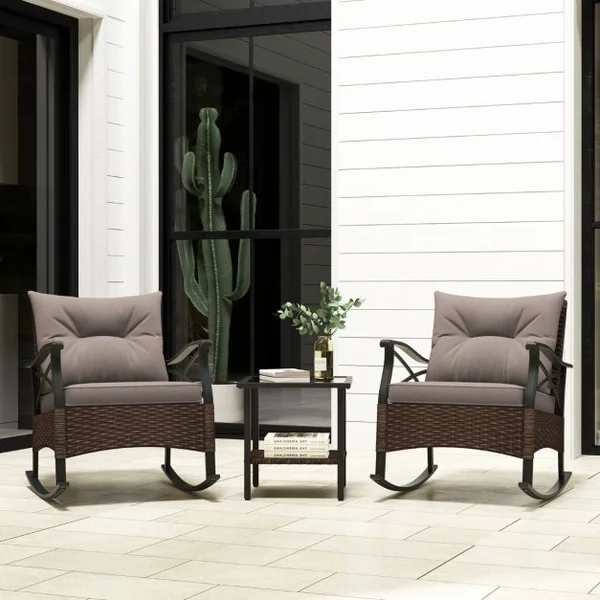 Meubles de Patio 3 Pièces Salon de Jardin en Rotin avec 2 Chaises à Bascule et 1 Table Basse Plateau en Verre Trempé Coussins Doux