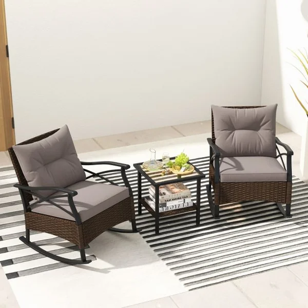 Meubles de Patio 3 Pièces Salon de Jardin en Rotin avec 2 Chaises à Bascule et 1 Table Basse Plateau en Verre Trempé Coussins Doux