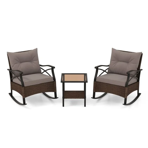 Meubles de Patio 3 Pièces Salon de Jardin en Rotin avec 2 Chaises à Bascule et 1 Table Basse Plateau en Verre Trempé Coussins Doux