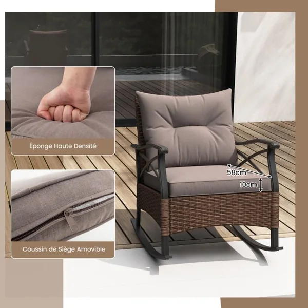 Meubles de Patio 3 Pièces Salon de Jardin en Rotin avec 2 Chaises à Bascule et 1 Table Basse Plateau en Verre Trempé Coussins Doux