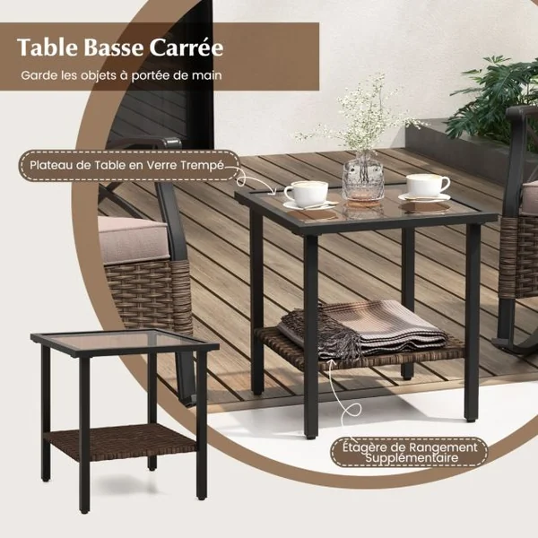 Meubles de Patio 3 Pièces Salon de Jardin en Rotin avec 2 Chaises à Bascule et 1 Table Basse Plateau en Verre Trempé Coussins Doux