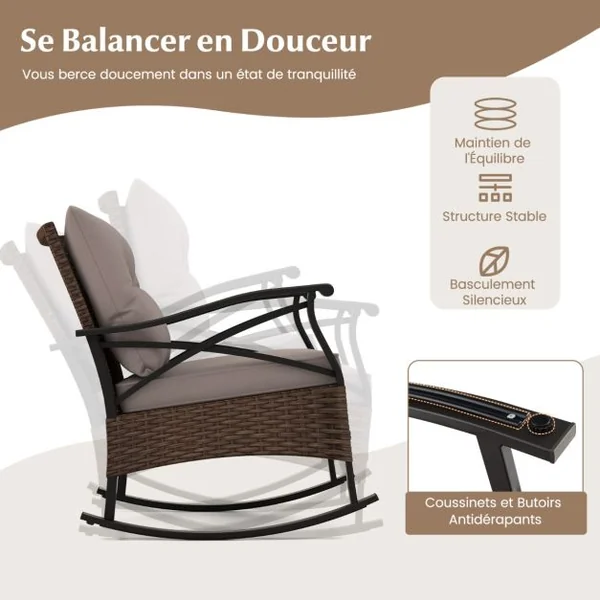 Meubles de Patio 3 Pièces Salon de Jardin en Rotin avec 2 Chaises à Bascule et 1 Table Basse Plateau en Verre Trempé Coussins Doux