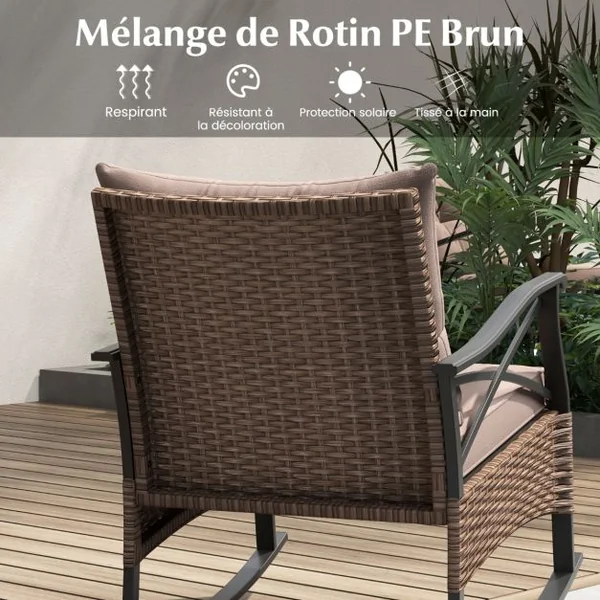 Meubles de Patio 3 Pièces Salon de Jardin en Rotin avec 2 Chaises à Bascule et 1 Table Basse Plateau en Verre Trempé Coussins Doux