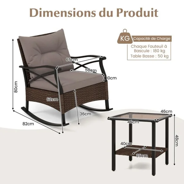 Meubles de Patio 3 Pièces Salon de Jardin en Rotin avec 2 Chaises à Bascule et 1 Table Basse Plateau en Verre Trempé Coussins Doux
