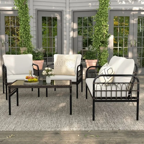 Meubles de Patio 4 Pièces en Rotin Charge 180-360KG avec Chaises Causeuse Coussins et Table Basse en Verre Trempé pour Balcon Blanc