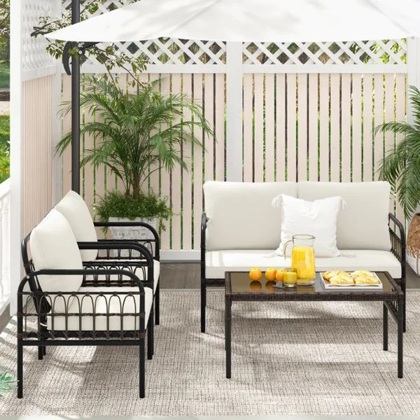 Meubles de Patio 4 Pièces en Rotin Charge 180-360KG avec Chaises Causeuse Coussins et Table Basse en Verre Trempé pour Balcon Blanc