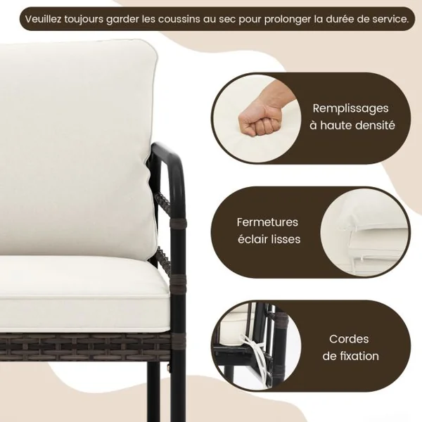 Meubles de Patio 4 Pièces en Rotin Charge 180-360KG avec Chaises Causeuse Coussins et Table Basse en Verre Trempé pour Balcon Blanc