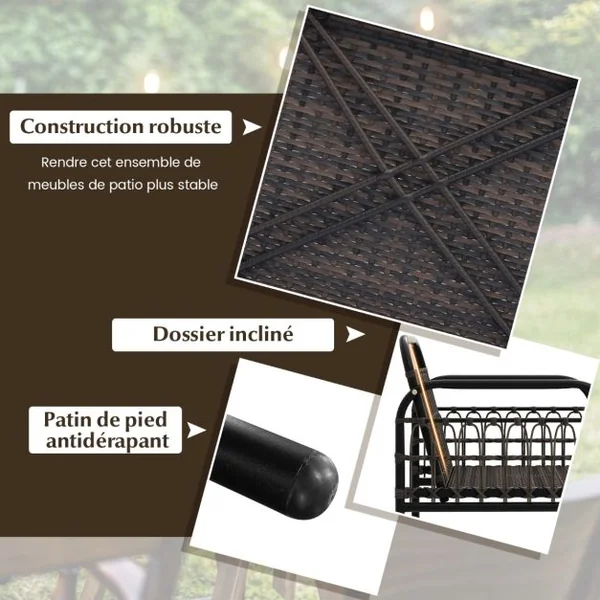 Meubles de Patio 4 Pièces en Rotin Charge 180-360KG avec Chaises Causeuse Coussins et Table Basse en Verre Trempé pour Balcon Blanc