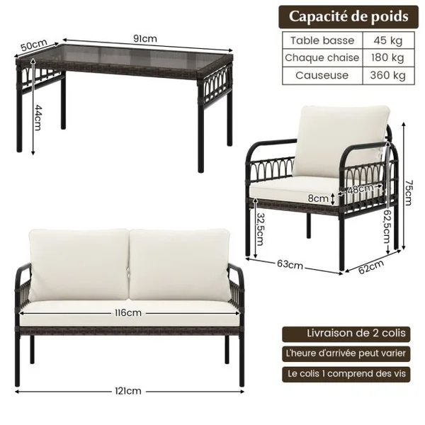 Meubles de Patio 4 Pièces en Rotin Charge 180-360KG avec Chaises Causeuse Coussins et Table Basse en Verre Trempé pour Balcon Blanc