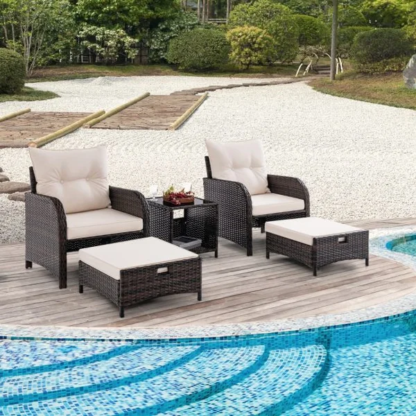 Meubles de Patio 5 Pièces Ensemble de Canapé d'Extérieur en Rotin avec 2 Chaises 2 Poufs et 1 Table Basse Coussins Doux Plateau en Verre Trempé Beige