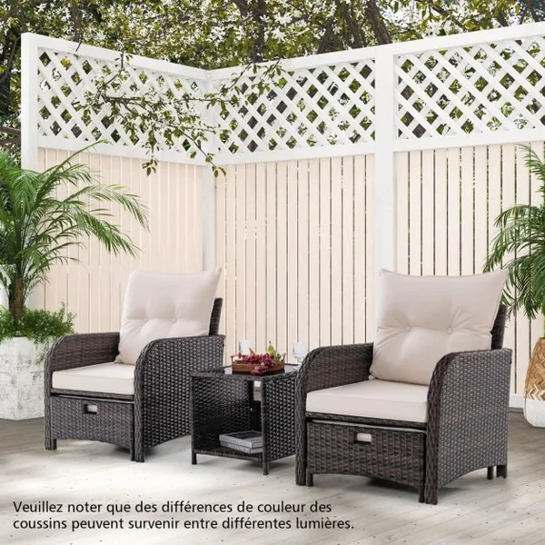 Meubles de Patio 5 Pièces Ensemble de Canapé d'Extérieur en Rotin avec 2 Chaises 2 Poufs et 1 Table Basse Coussins Doux Plateau en Verre Trempé Beige
