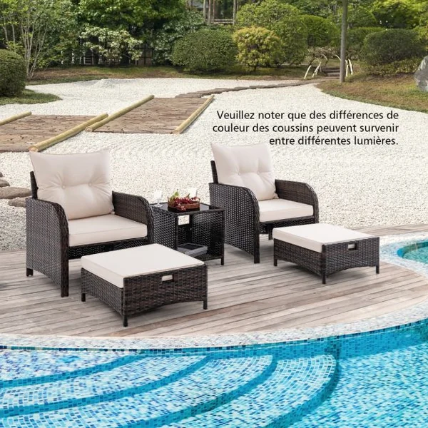 Meubles de Patio 5 Pièces Ensemble de Canapé d'Extérieur en Rotin avec 2 Chaises 2 Poufs et 1 Table Basse Coussins Doux Plateau en Verre Trempé Beige