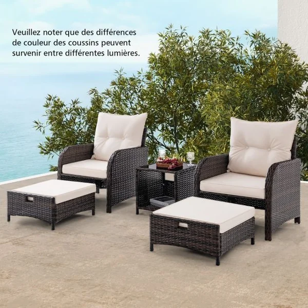 Meubles de Patio 5 Pièces Ensemble de Canapé d'Extérieur en Rotin avec 2 Chaises 2 Poufs et 1 Table Basse Coussins Doux Plateau en Verre Trempé Beige