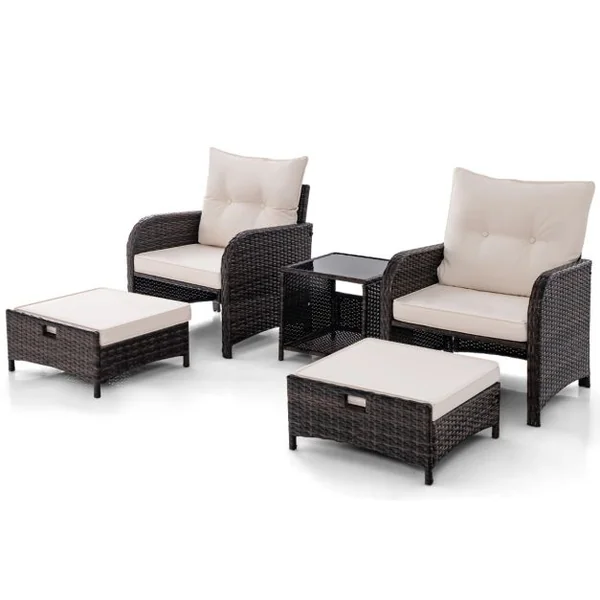 Meubles de Patio 5 Pièces Ensemble de Canapé d'Extérieur en Rotin avec 2 Chaises 2 Poufs et 1 Table Basse Coussins Doux Plateau en Verre Trempé Beige