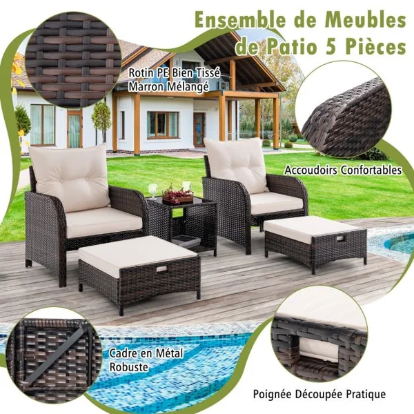 Meubles de Patio 5 Pièces Ensemble de Canapé d'Extérieur en Rotin avec 2 Chaises 2 Poufs et 1 Table Basse Coussins Doux Plateau en Verre Trempé Beige