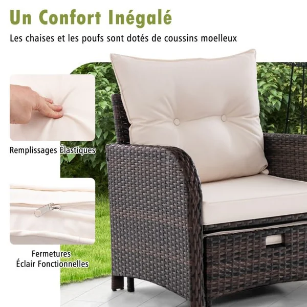Meubles de Patio 5 Pièces Ensemble de Canapé d'Extérieur en Rotin avec 2 Chaises 2 Poufs et 1 Table Basse Coussins Doux Plateau en Verre Trempé Beige