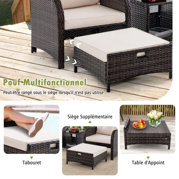 Meubles de Patio 5 Pièces Ensemble de Canapé d'Extérieur en Rotin avec 2 Chaises 2 Poufs et 1 Table Basse Coussins Doux Plateau en Verre Trempé Beige