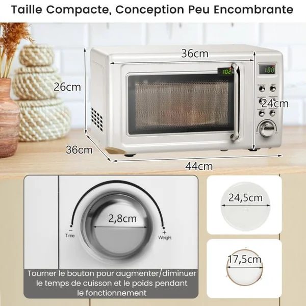 Micro-ondes 20 L 700 W Style Rétro 5 Niveaux 8 Menus LED Intelligent Minuterie 1H Dégivrage et de Cuisson Automatique Blanc