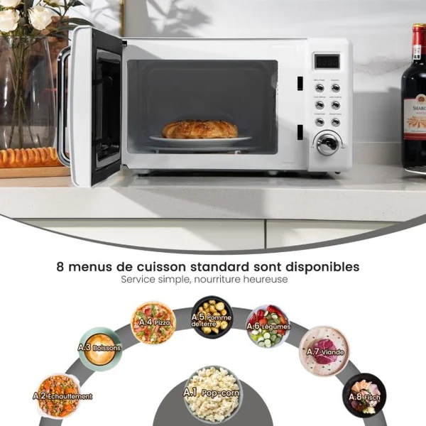 Micro-ondes 20 L 700 W Style Rétro 5 Niveaux 8 Menus LED Intelligent Minuterie 1H Dégivrage et de Cuisson Automatique Blanc