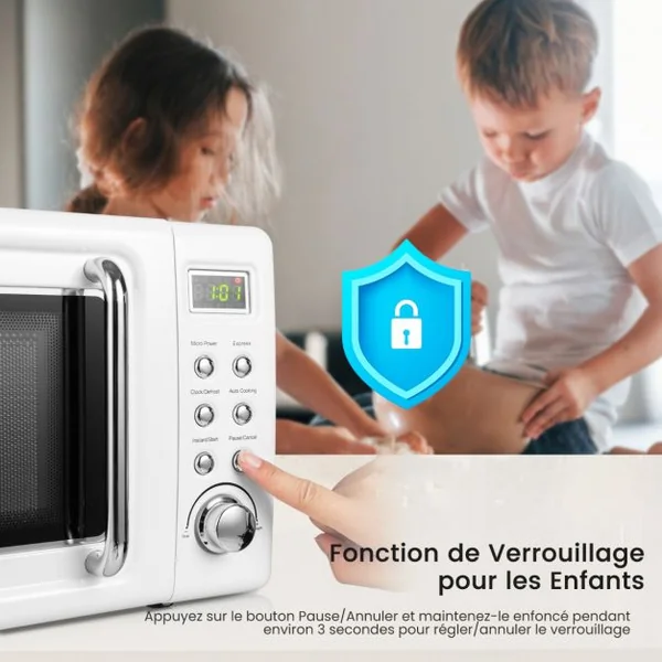 Micro-ondes 20 L 700 W Style Rétro 5 Niveaux 8 Menus LED Intelligent Minuterie 1H Dégivrage et de Cuisson Automatique Blanc