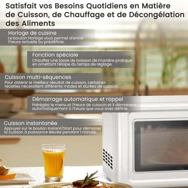 Micro-ondes 20 L 700 W Style Rétro 5 Niveaux 8 Menus LED Intelligent Minuterie 1H Dégivrage et de Cuisson Automatique Blanc